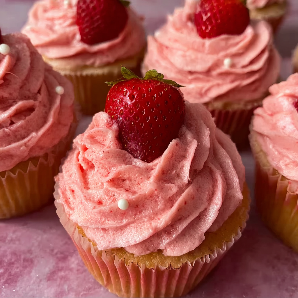 A cupcake with a strawberry on top and pink frosting.