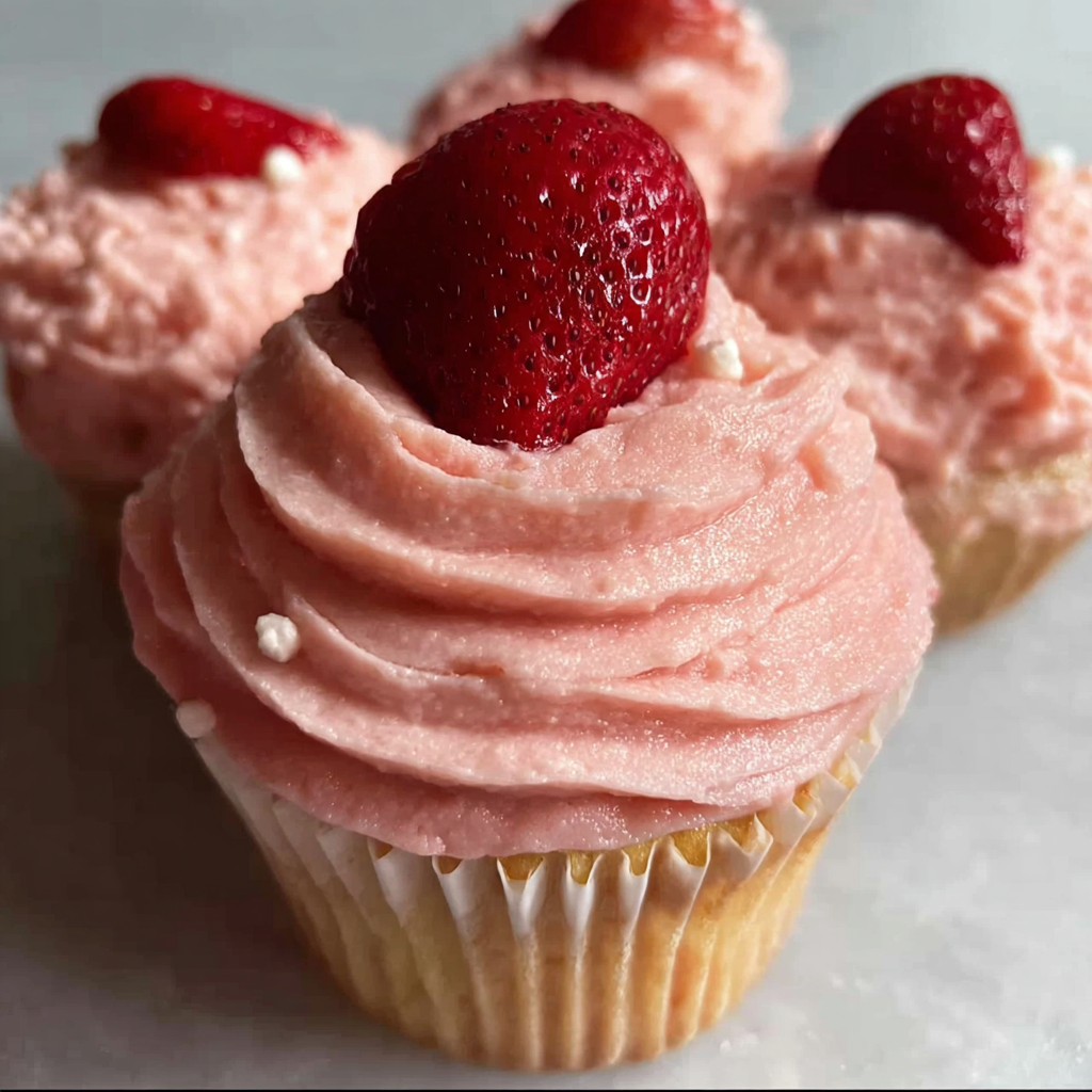 A cupcake with a strawberry on top.