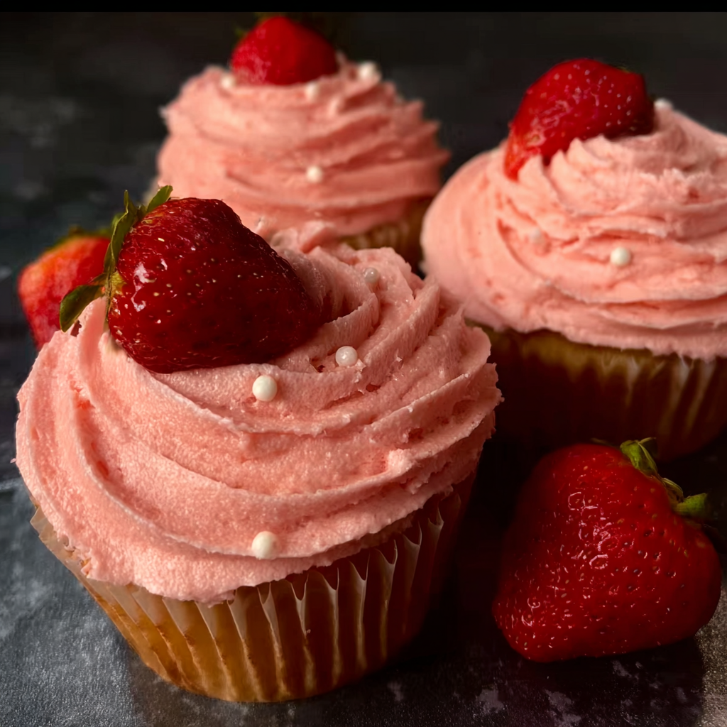 A cupcake with strawberries and whipped cream on top.