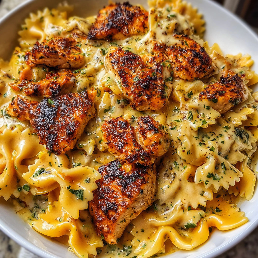 A bowl of Garlic Butter Chicken Bowties with Cheesy Mozzarella Cream Sauce.