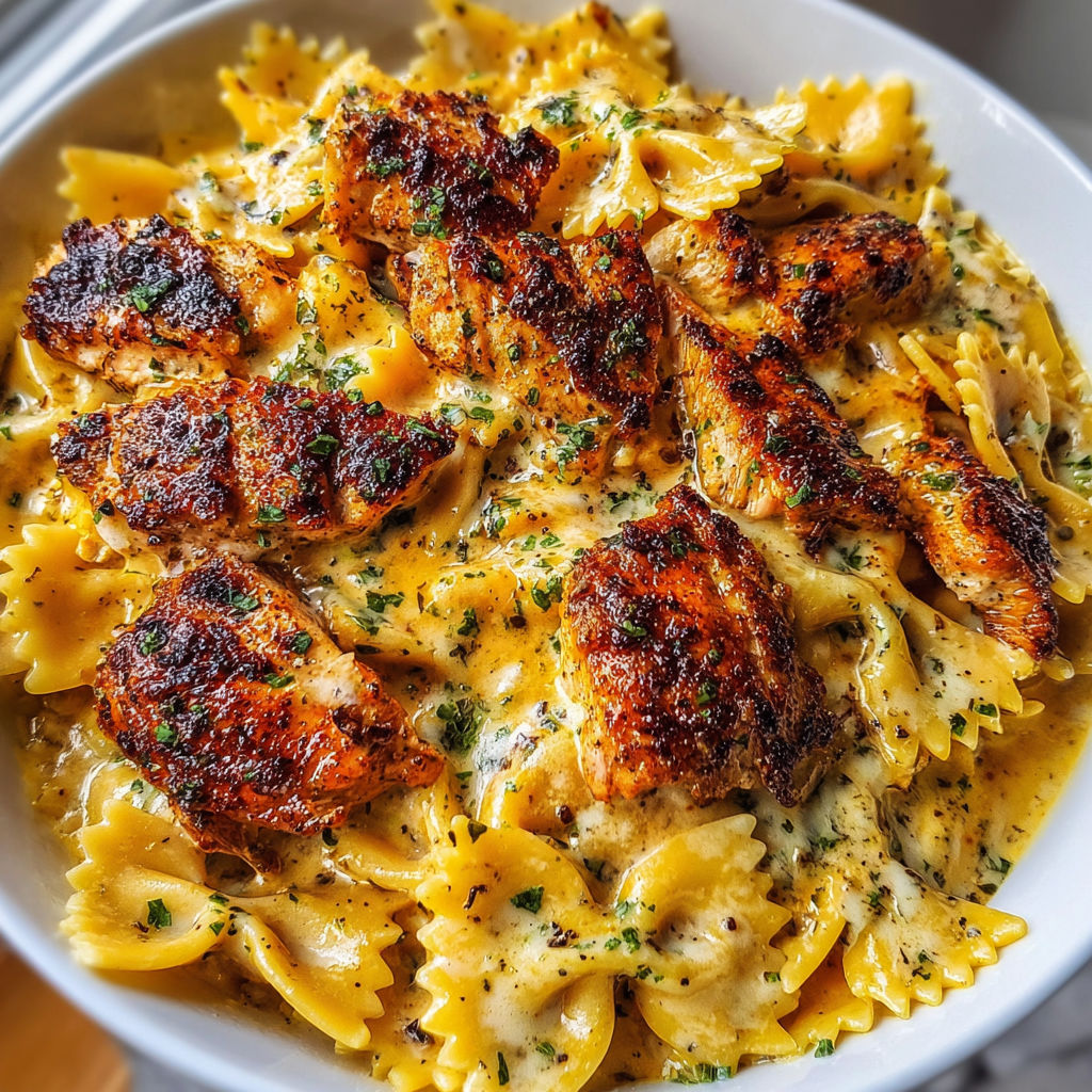 A bowl of delicious Garlic Butter Chicken Bowties with Cheesy Mozzarella Cream Sauce.