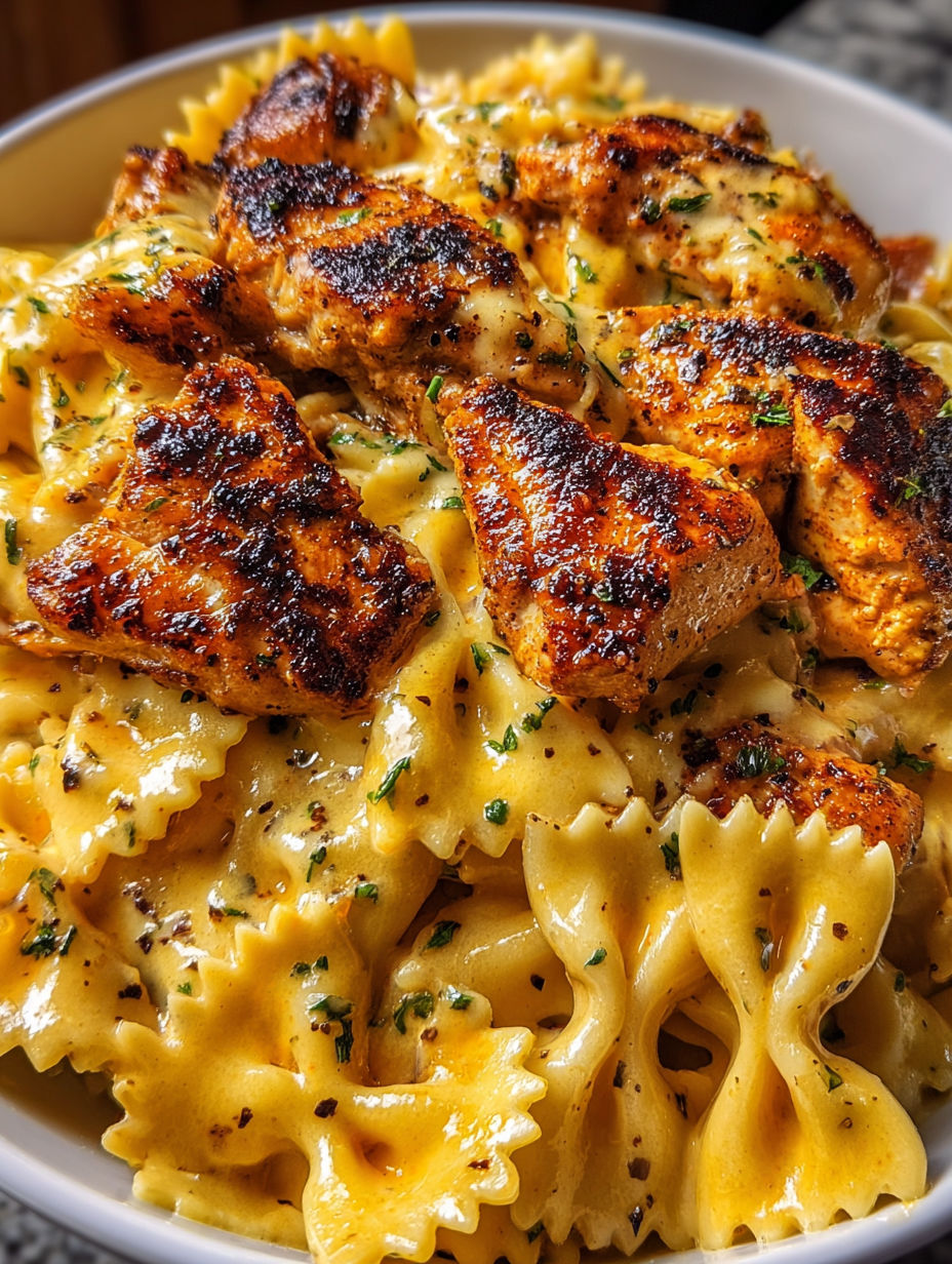 A delicious meal of Garlic Butter Chicken Bowties with Cheesy Mozzarella Cream Sauce.