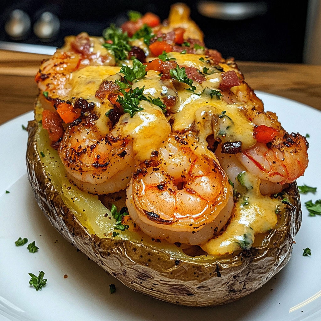 A loaded shrimp and bacon potato is served on a white plate.