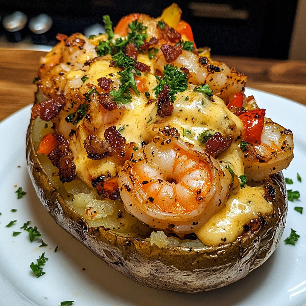 A delicious seafood dish with shrimp, bacon, and cheese, served in a baked potato.