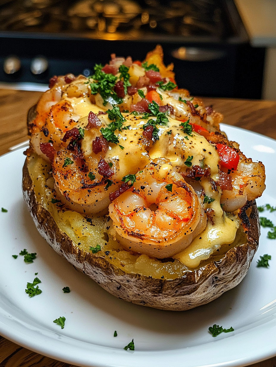 A delicious meal of shrimp and bacon in a baked potato.