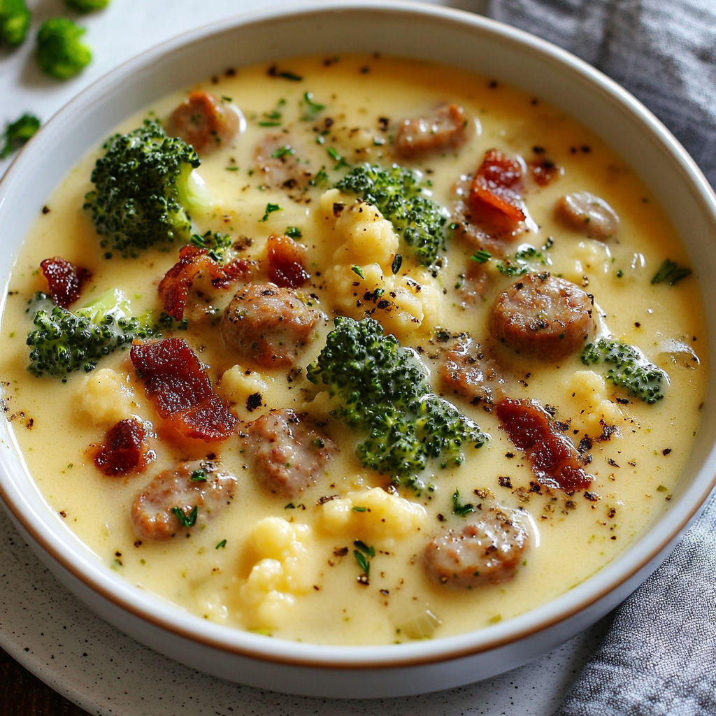 A bowl of Broccoli Cauliflower Cheese Soup with Sausage, topped with bacon.