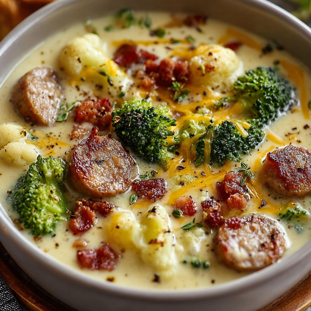 A bowl of soup with a variety of ingredients, including broccoli, sausage, and potatoes, is ready to be eaten.
