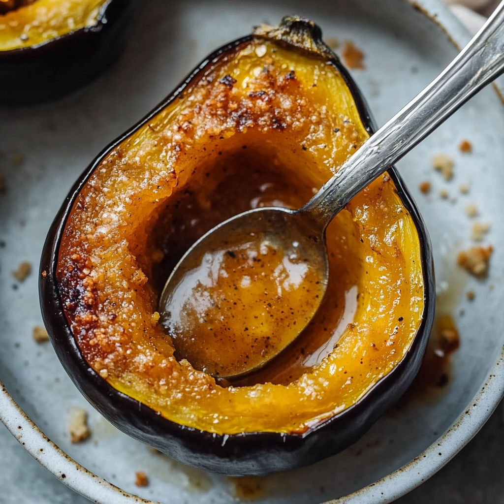 A spoon is in a bowl filled with roasted acorn squash and brown sugar.
