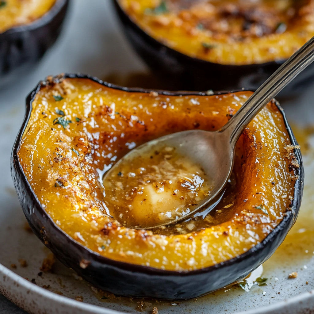 A close up of a delicious roasted eggplant with a spoonful of butter and herbs.