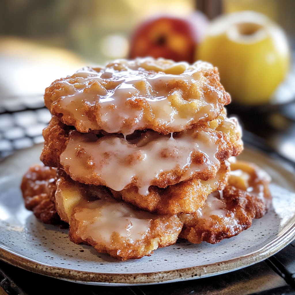 A stack of baked apple fritters on a plate.
