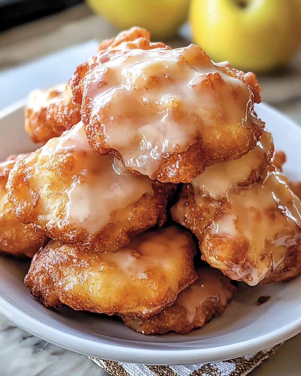 A bowl of Baked Apple Fritters, drizzled with a sweet glaze, ready to be enjoyed.