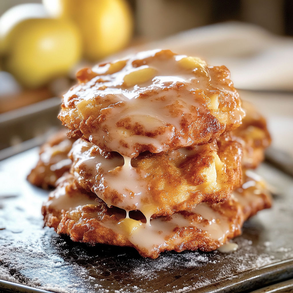 A stack of Baked Apple Fritters with a drizzle of glaze on top.