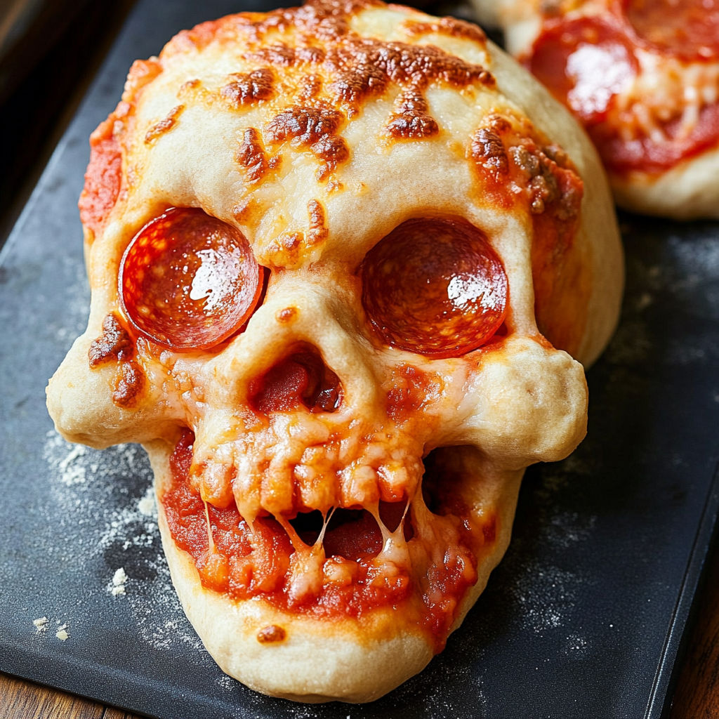 A close up of a pizza skull with pepperoni eyes and cheese dripping out of the mouth.
