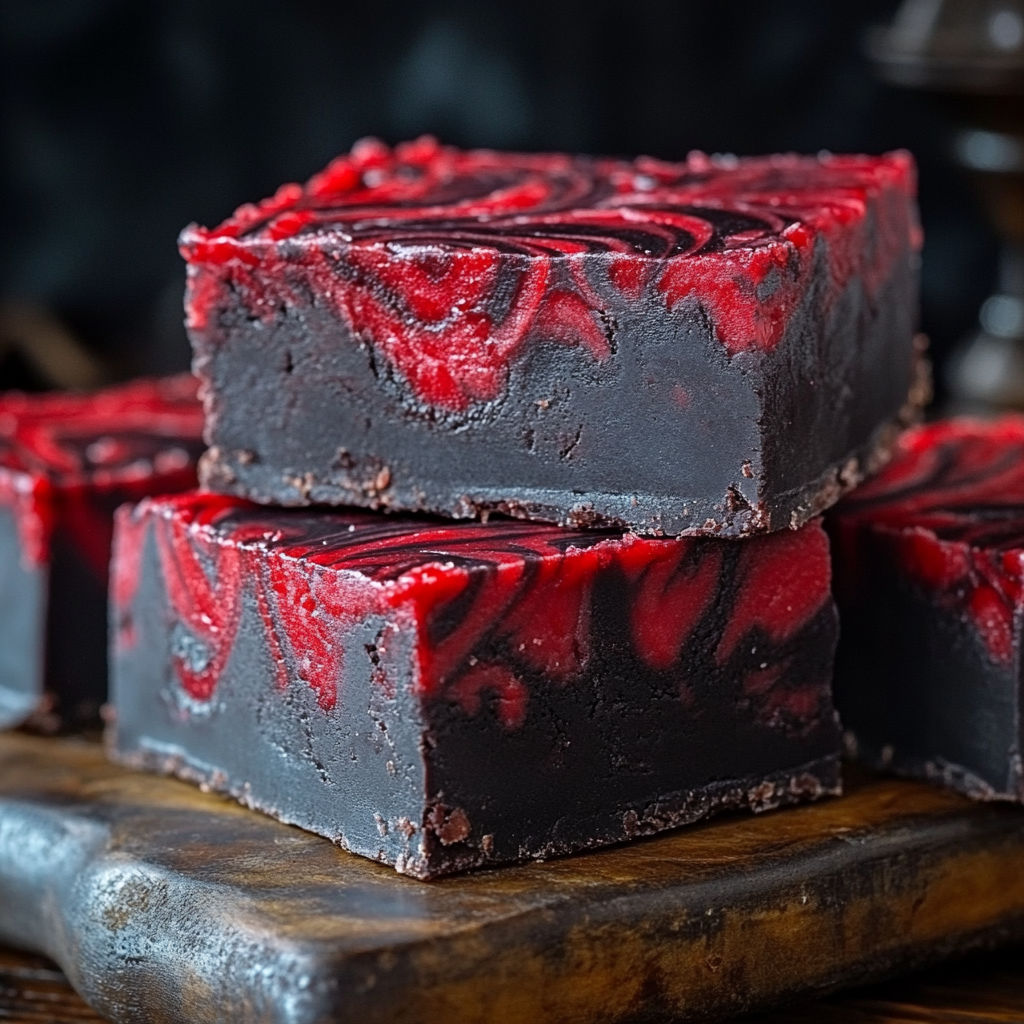 A close up of a chocolate cake with red swirls on a wooden table.