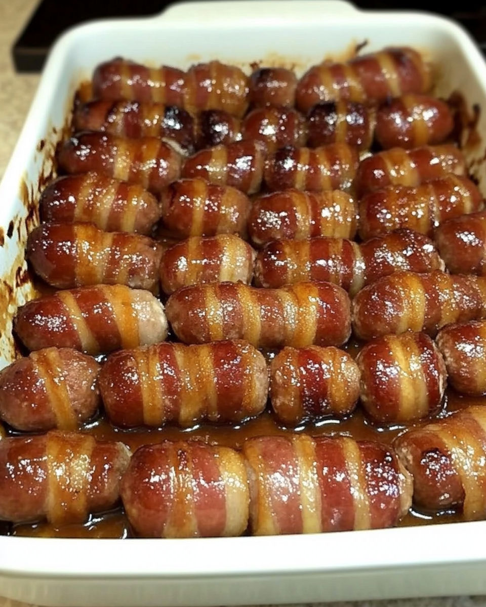 A dish of bacon wrapped smokies with brown sugar, ready to be cooked.