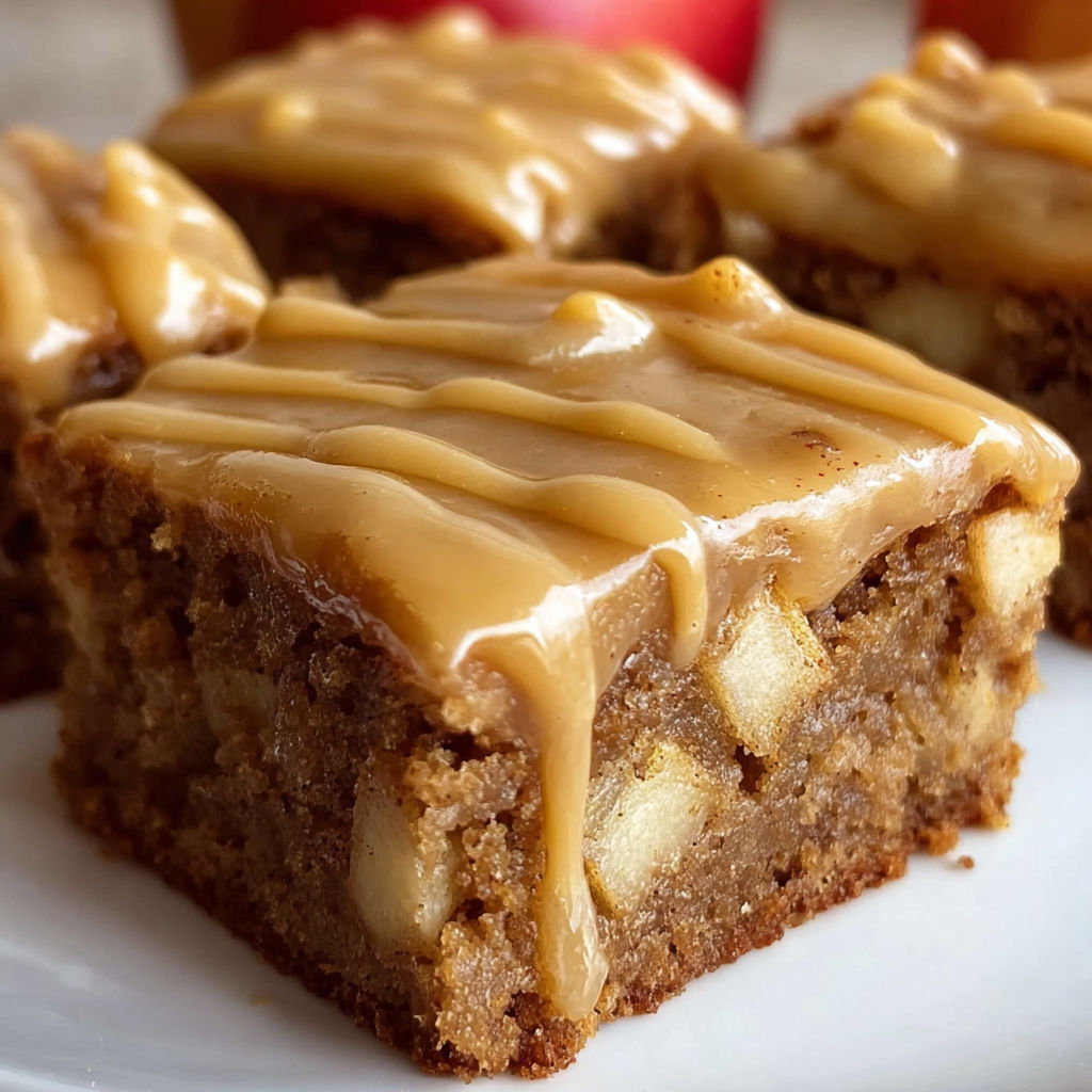 A delicious dessert, Apple Brownies with Maple Glaze, is displayed on a white plate.