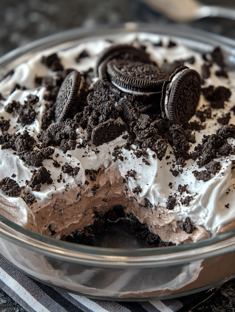 A close up of a delicious chocolate and vanilla ice cream dessert with chocolate chips and Oreo cookies.