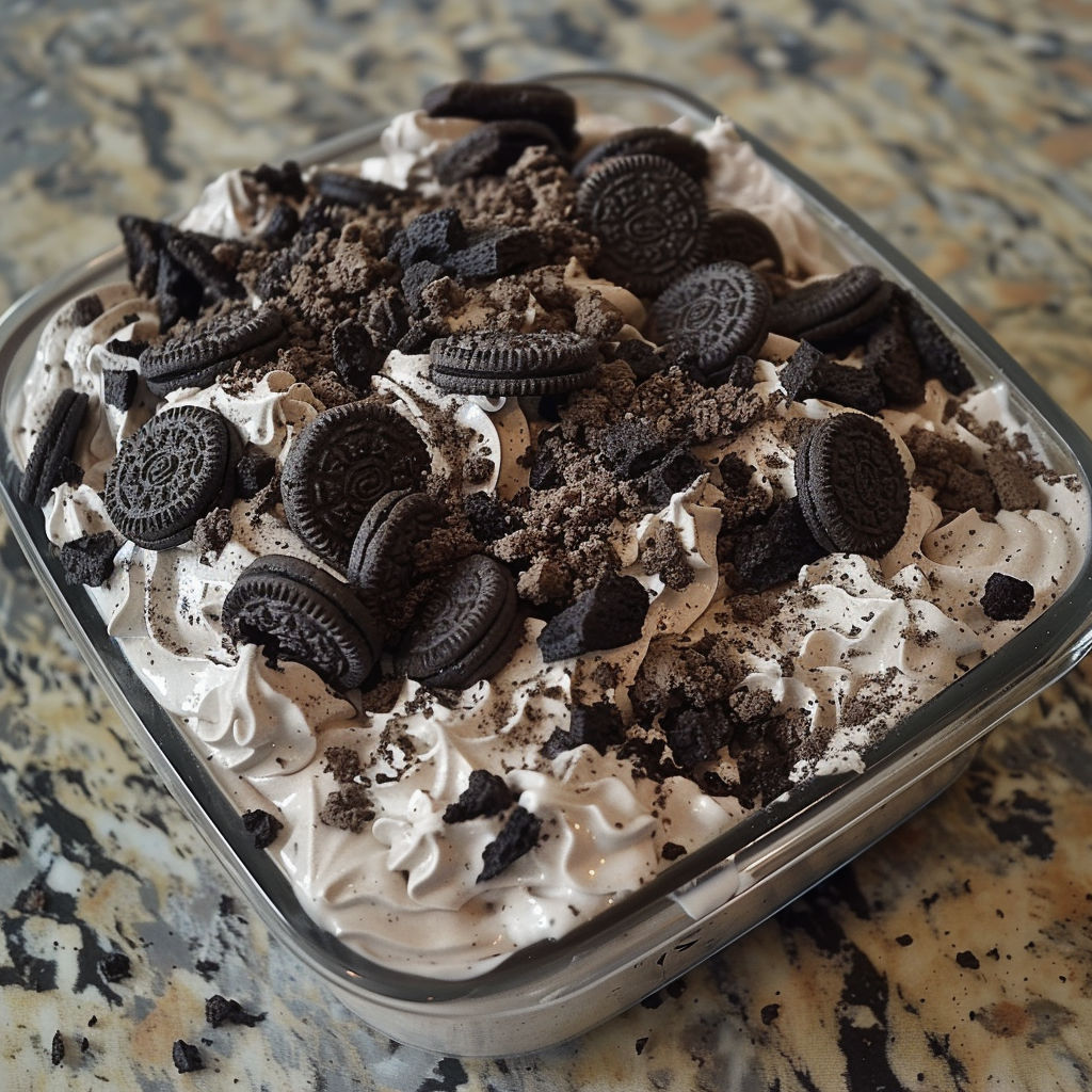 A delicious dessert with chocolate and vanilla flavors, topped with whipped cream and chocolate chips.