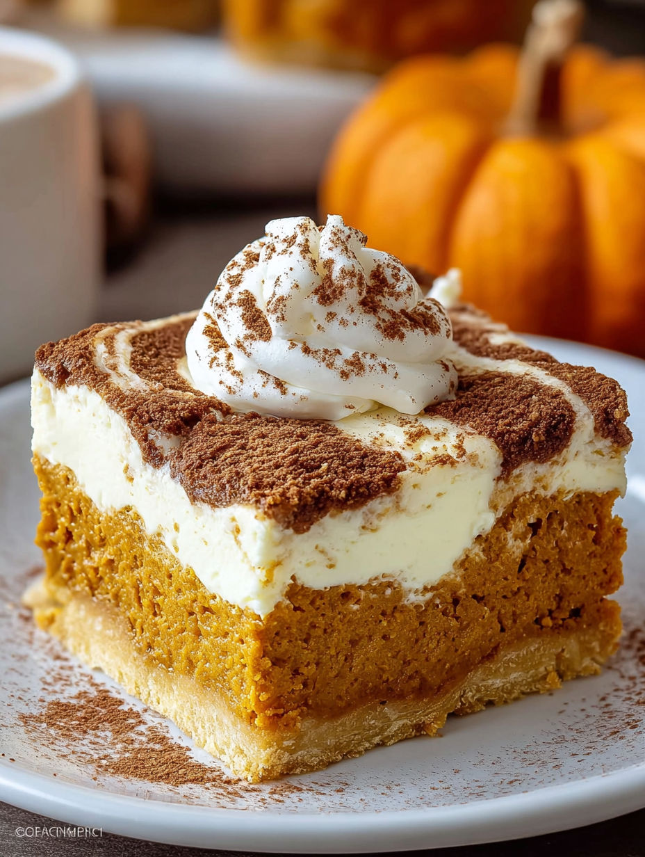 A slice of pumpkin pie with whipped cream on top.