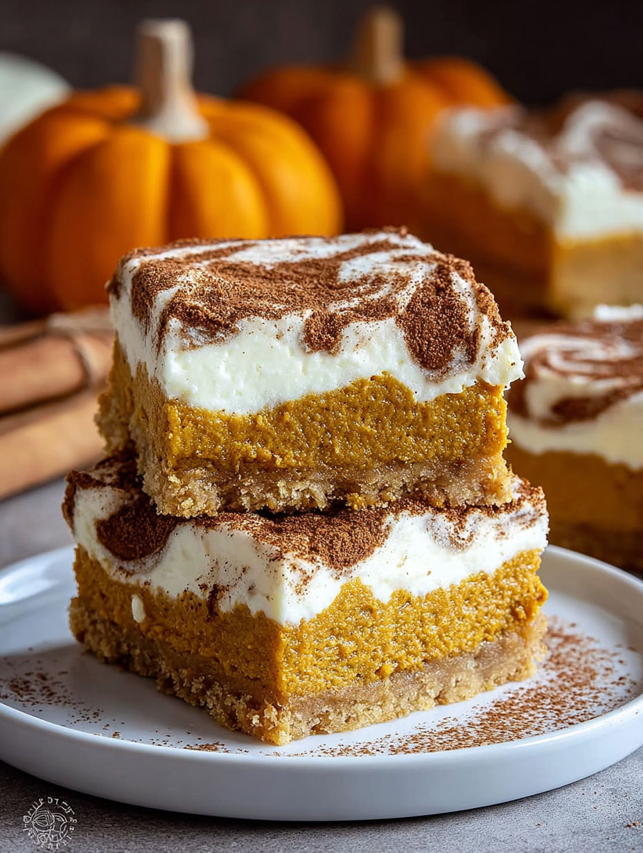 A delicious dessert made with layers of pumpkin and white cream, topped with chocolate drizzle.