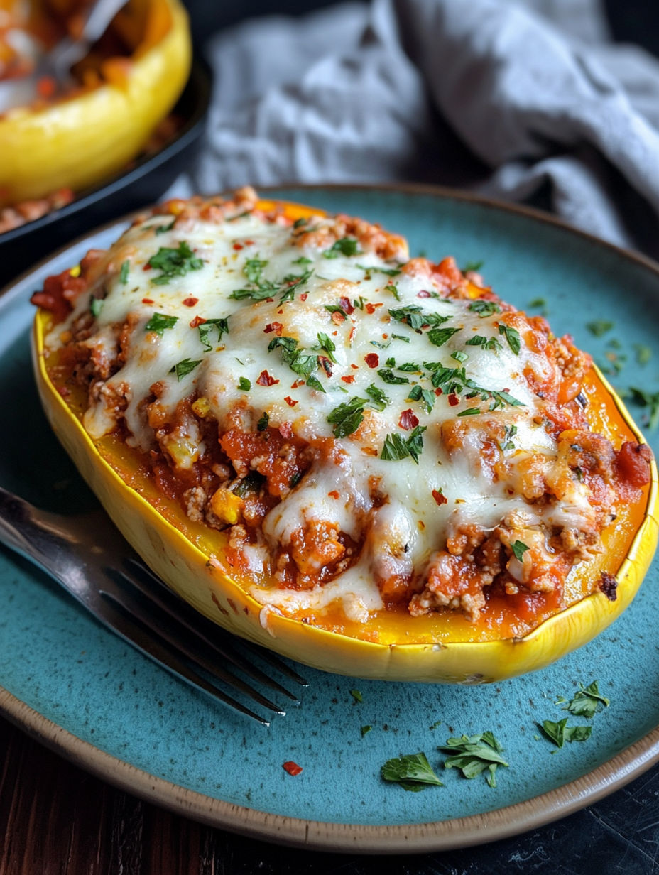A delicious meal of meat and cheese in a baked zucchini boat.