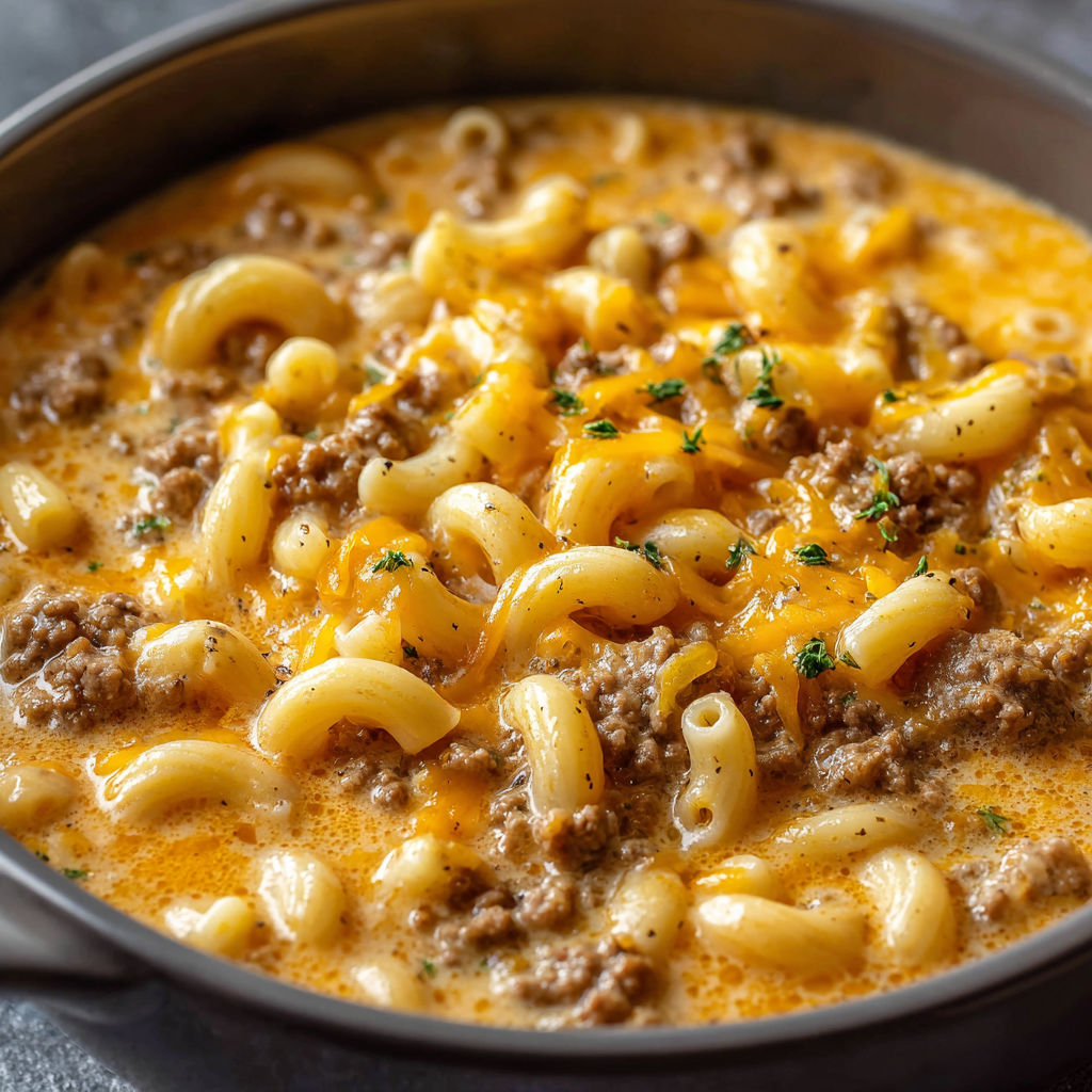 A bowl of macaroni and cheese with meat and vegetables.