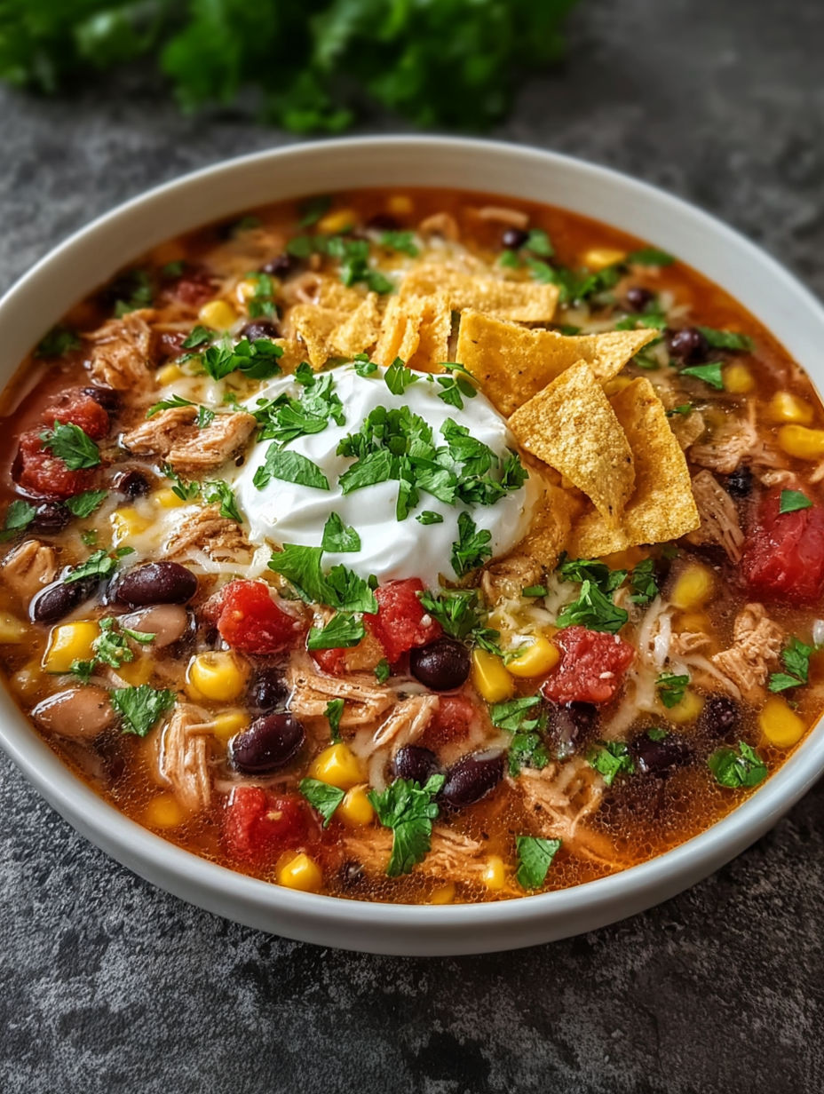 A bowl of soup with a white dollop of sour cream on top, garnished with chips and green onions.
