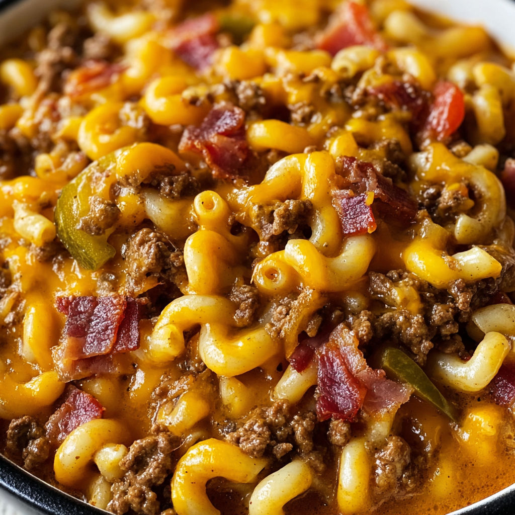 A delicious One Pot Cheeseburger Macaroni dish, filled with pasta, meat, and cheese, is ready to be served.