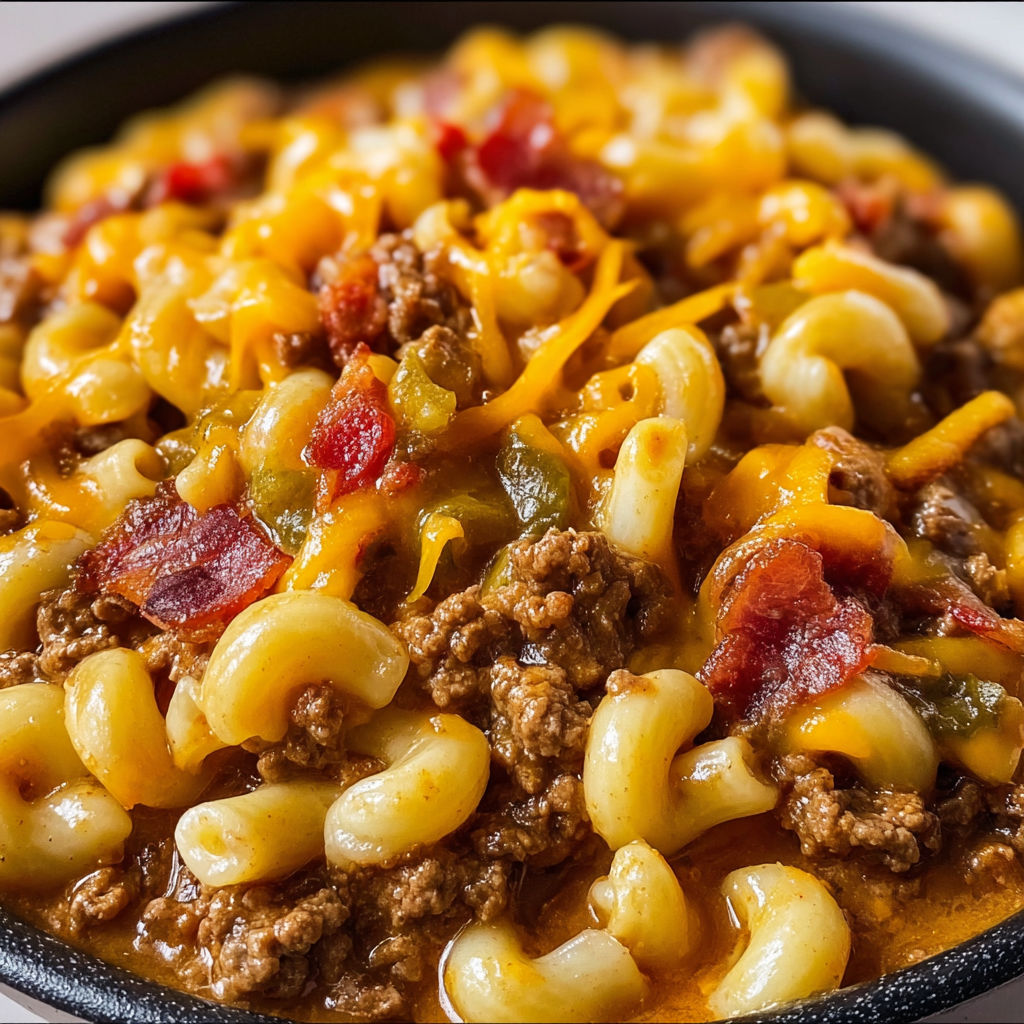 A bowl of macaroni and cheese with bacon and peppers.