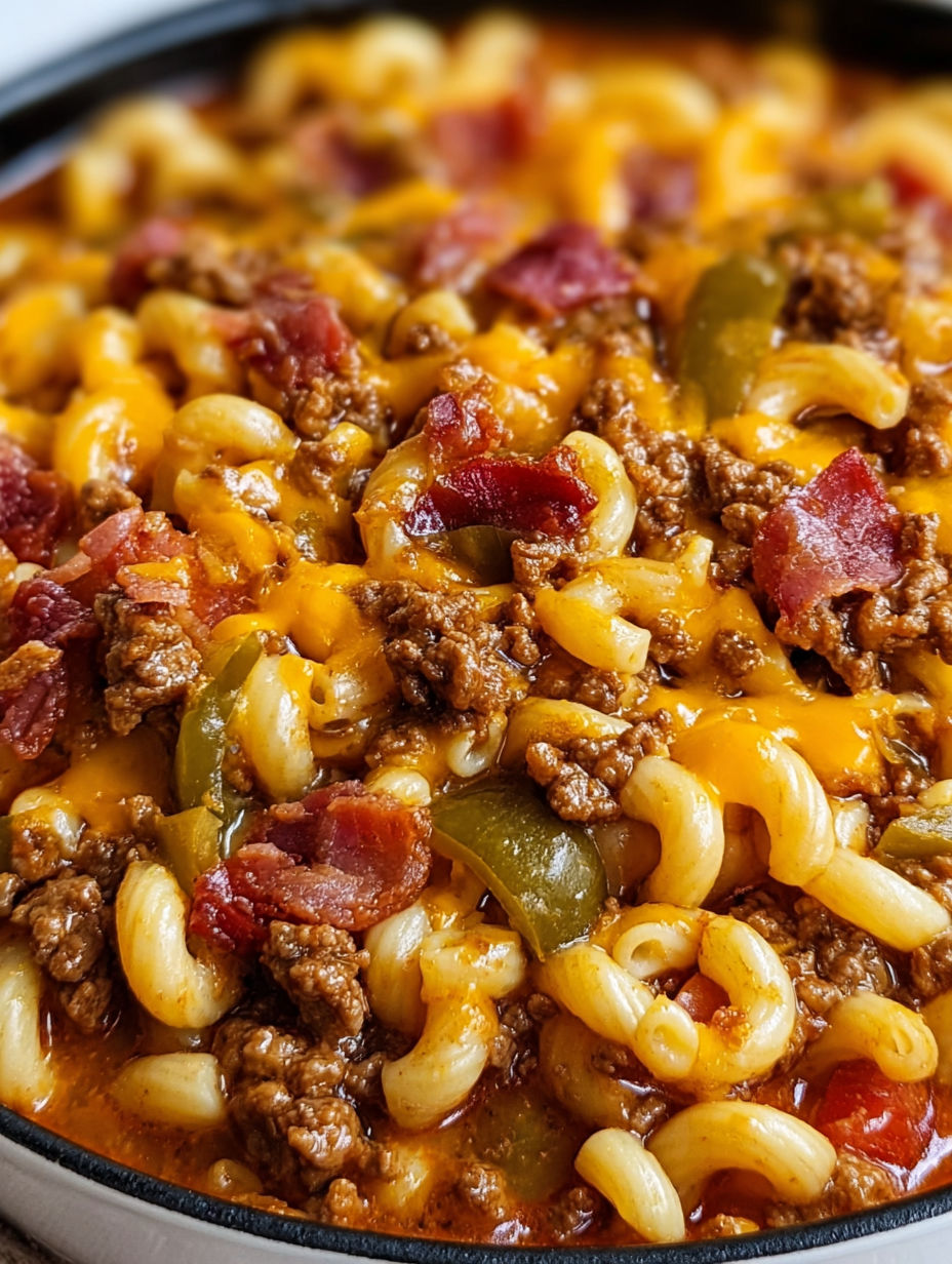 A close up of a delicious macaroni and cheese dish with meat and peppers.