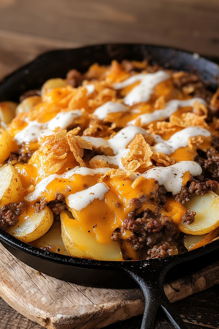 A delicious Rustic Campfire Beef and Potato Casserole is cooked in a skillet.