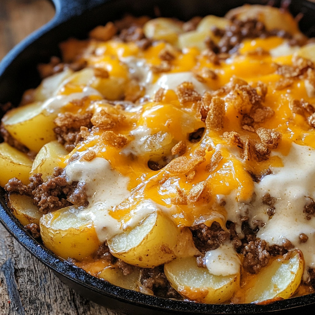 A delicious Rustic Campfire Beef and Potato Casserole is served in a black skillet.