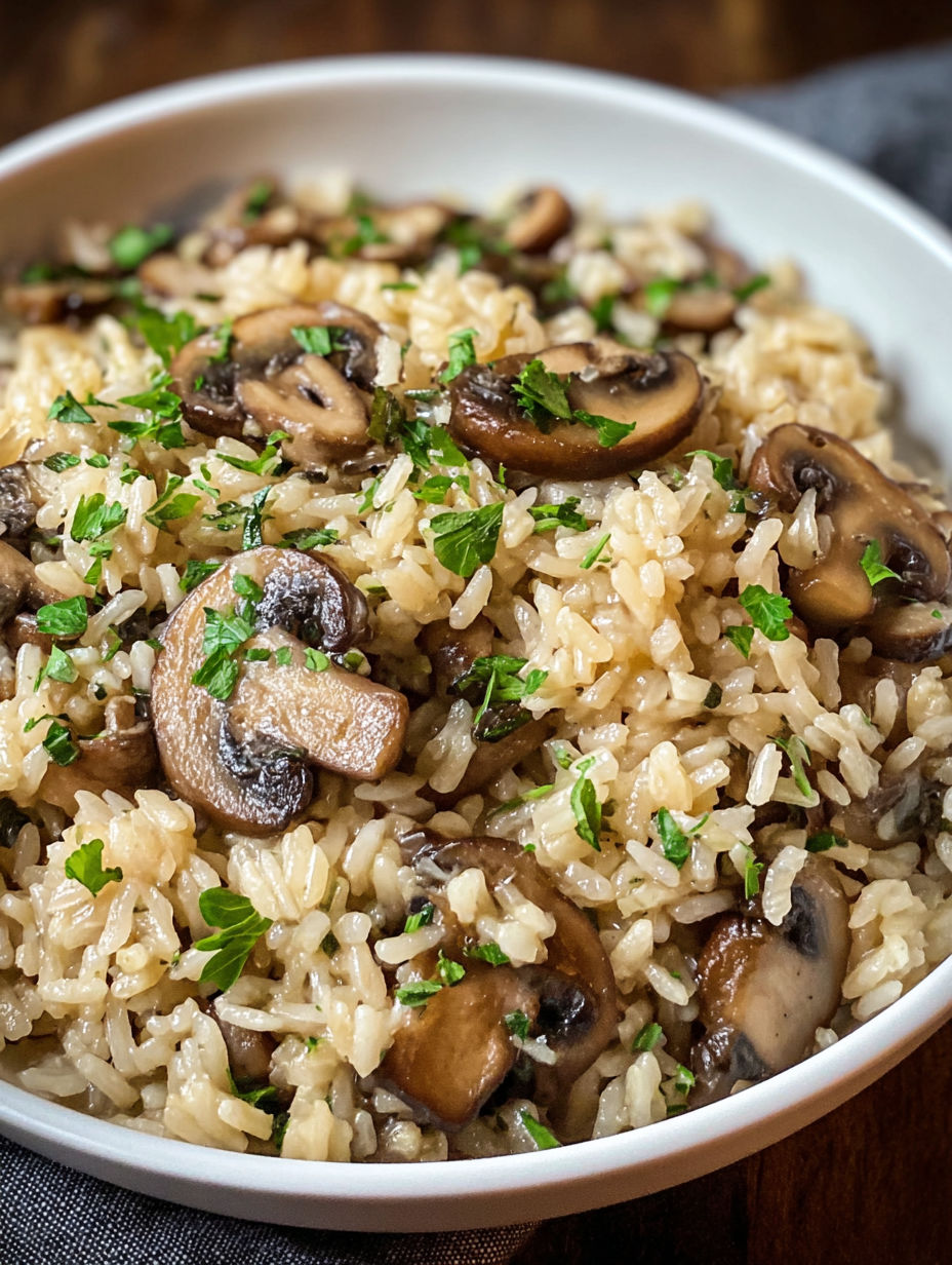 A bowl of rice with mushrooms and herbs, possibly a dish called "Mushroom and Herb Rice.