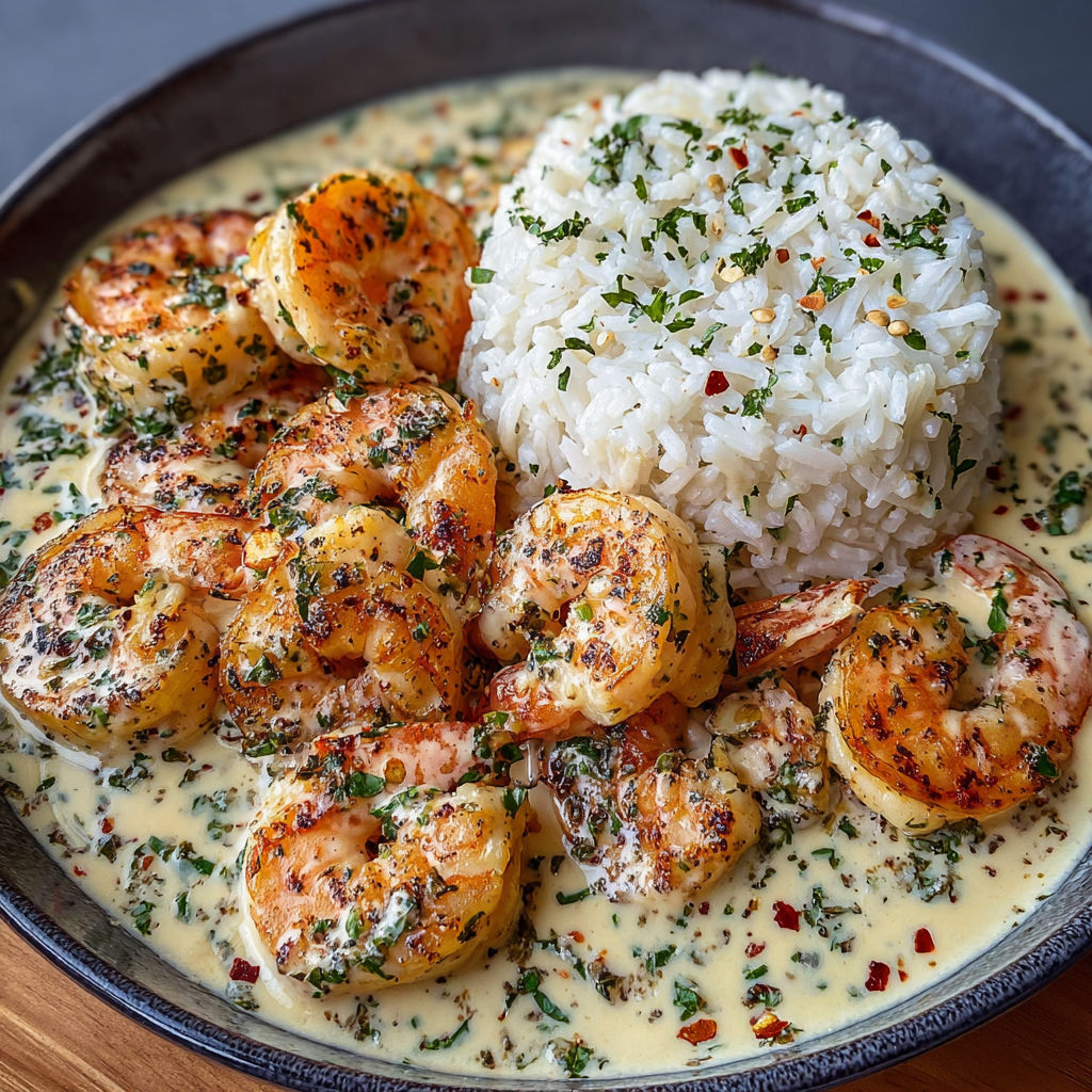 A bowl of shrimp and rice with a creamy garlic butter sauce.