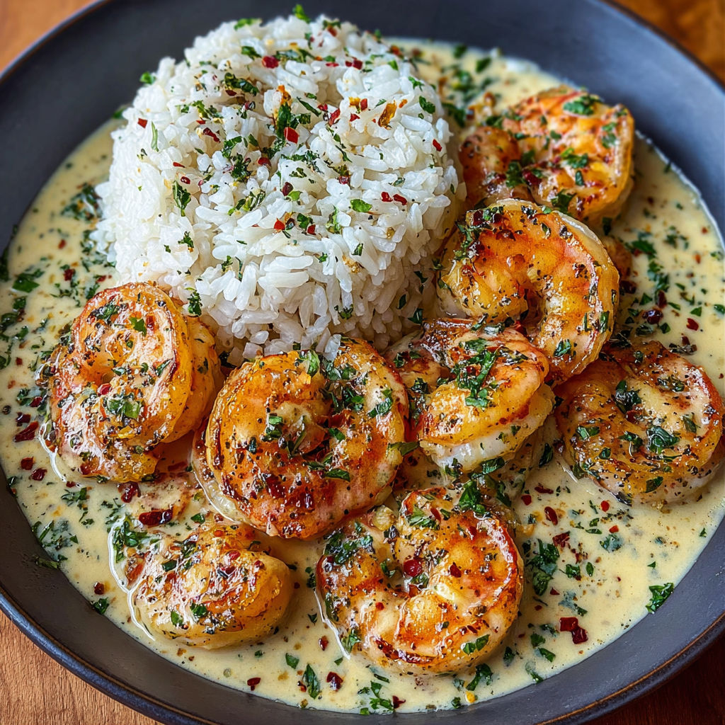 A bowl of shrimp with rice and herbs, topped with a creamy garlic butter sauce.