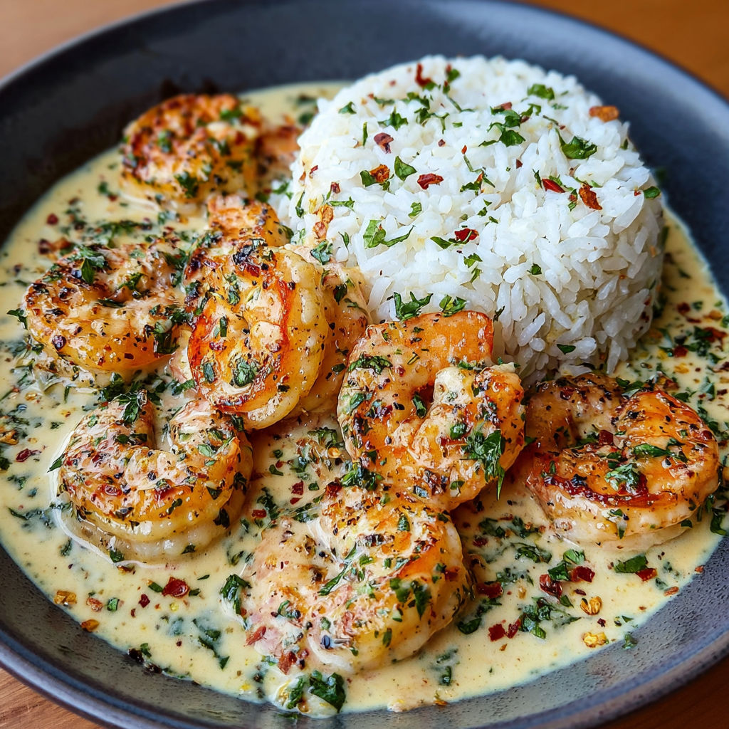 A plate of shrimp in a creamy garlic butter sauce, served with herb rice.