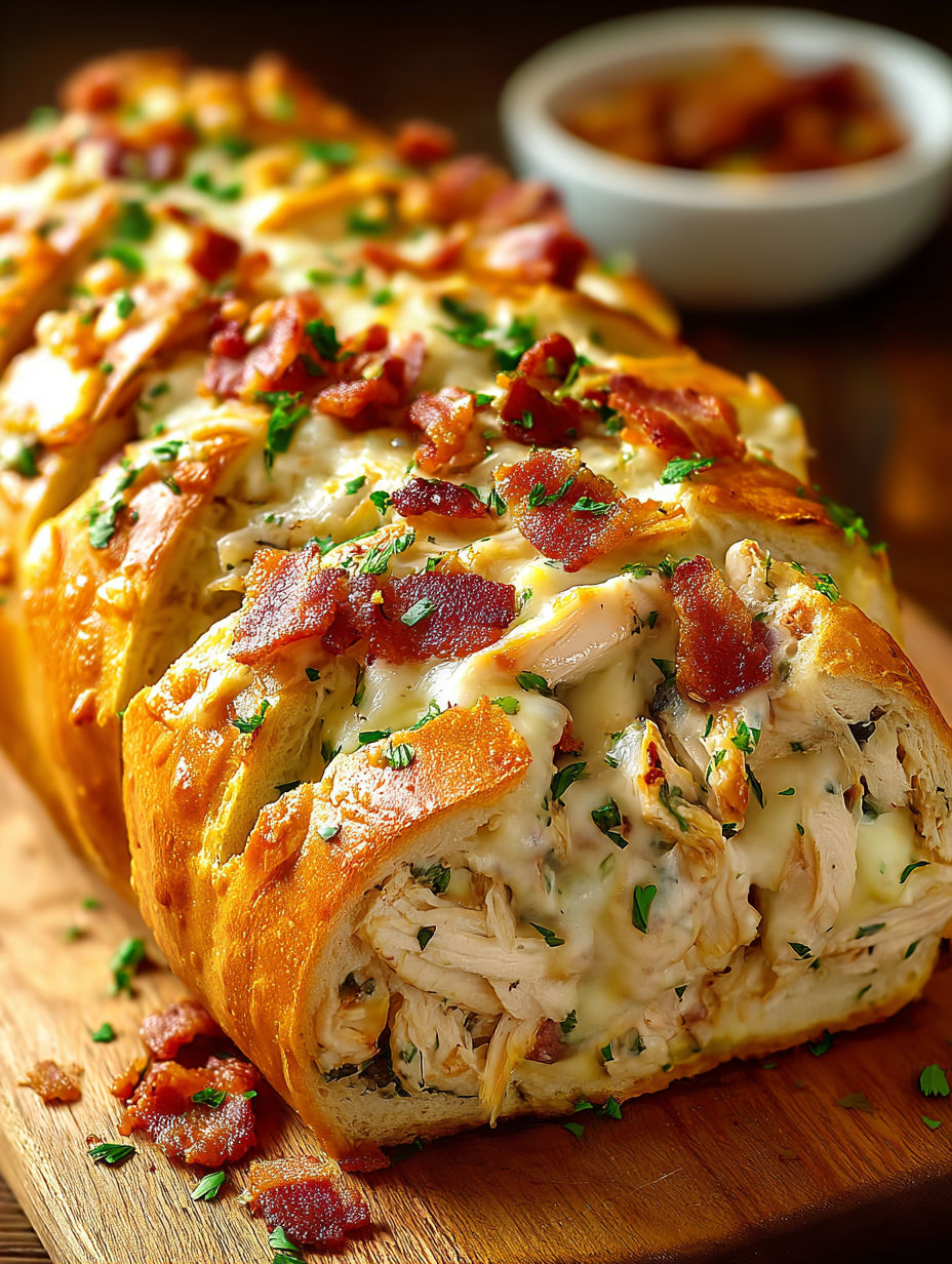 A delicious looking chicken and bacon sandwich is displayed on a wooden cutting board.