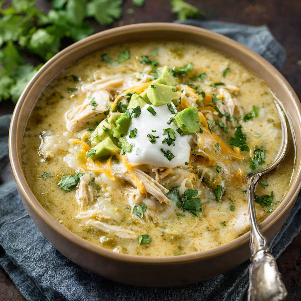 A bowl of soup with chicken, avocado, and green enchilada sauce.