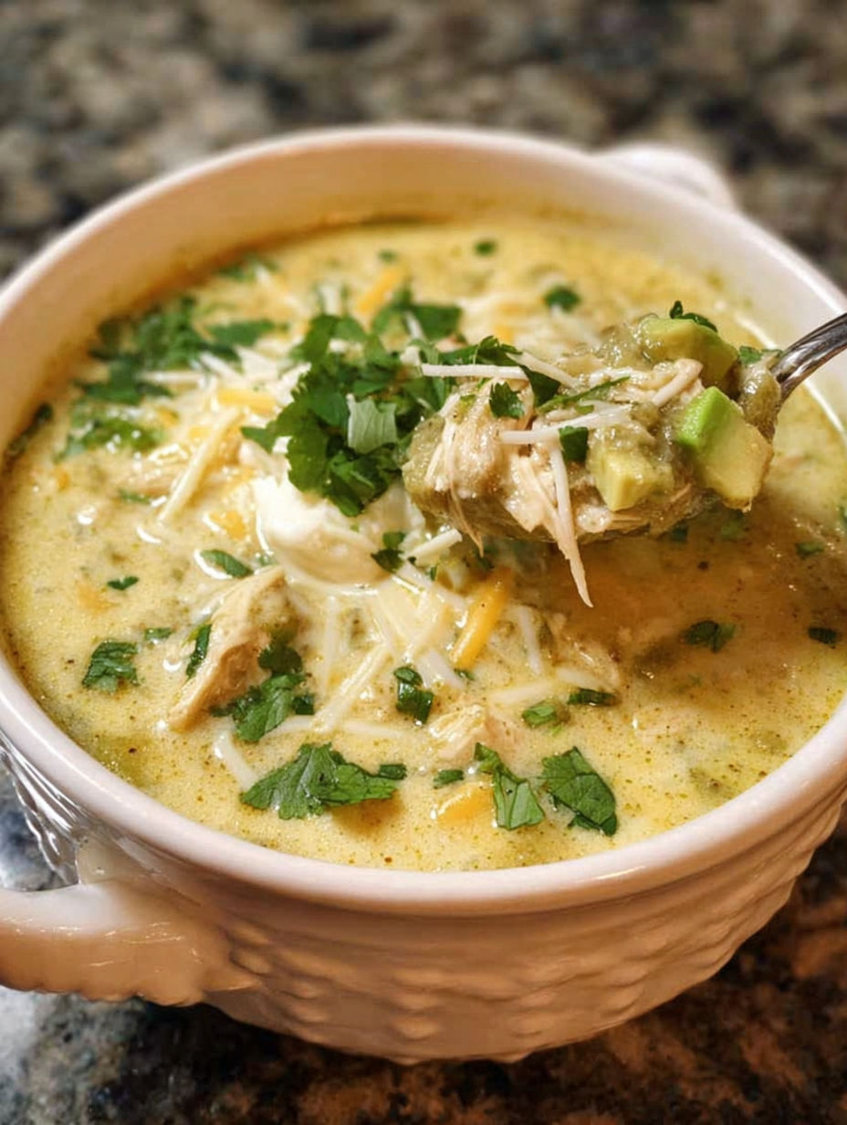 A bowl of soup with a spoon in it, the soup is green and has chicken and avocado in it.
