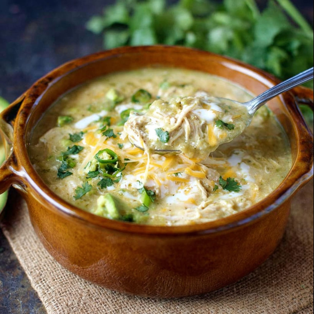 A bowl of soup with a spoon in it, the soup is green and has chicken in it.