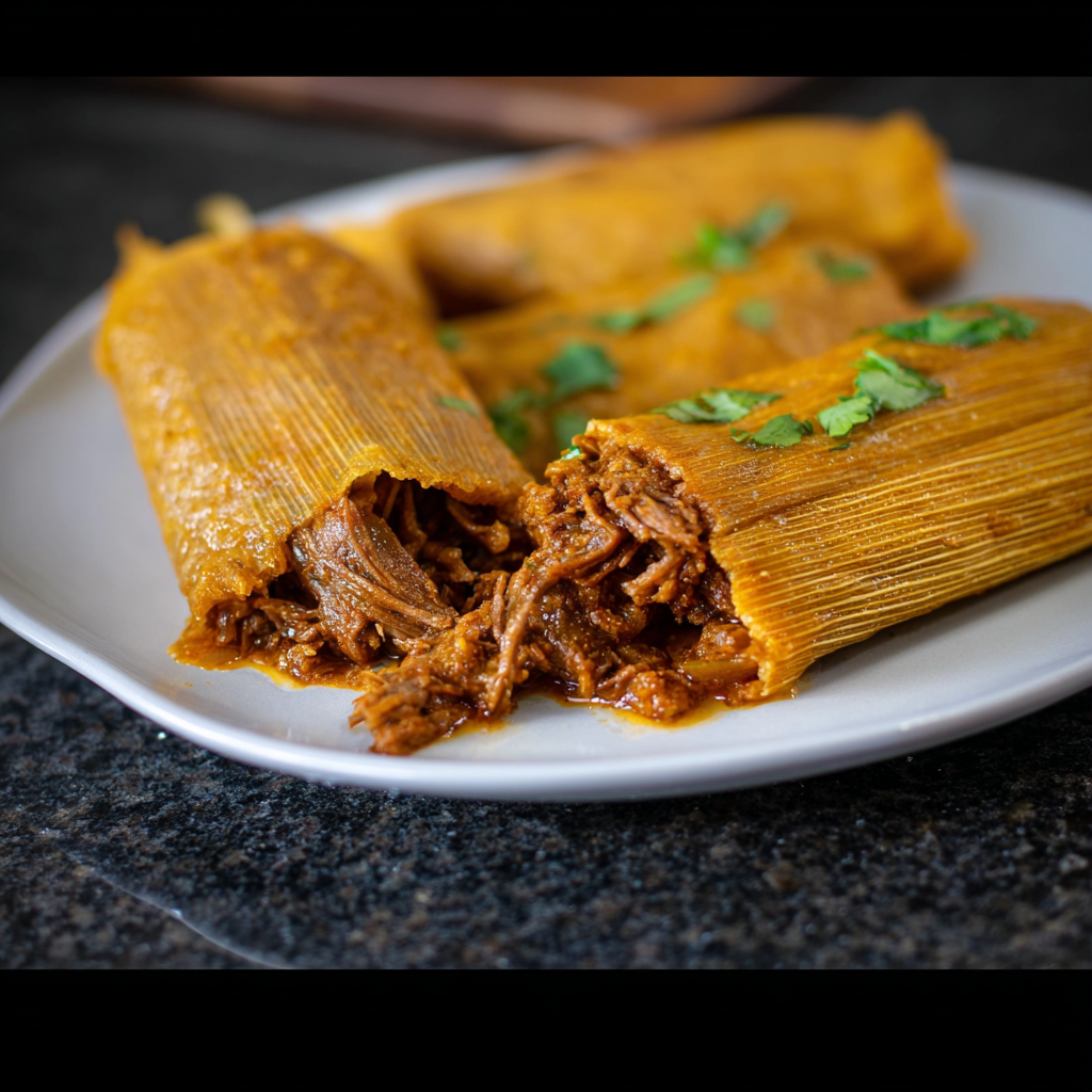 A plate of beef tamales with a spoonful of sauce on top.