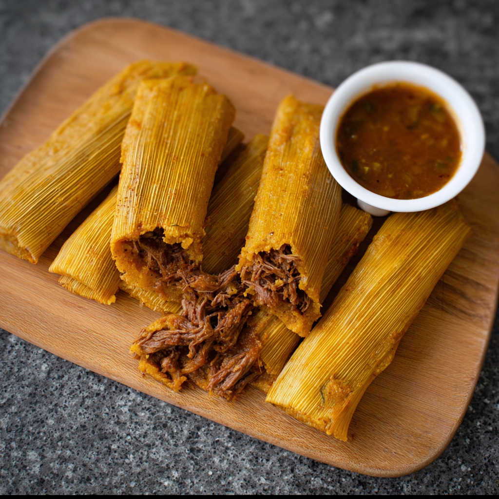 A plate of food with a bowl of sauce and a spoon. The food appears to be a Mexican dish, possibly a tamale.