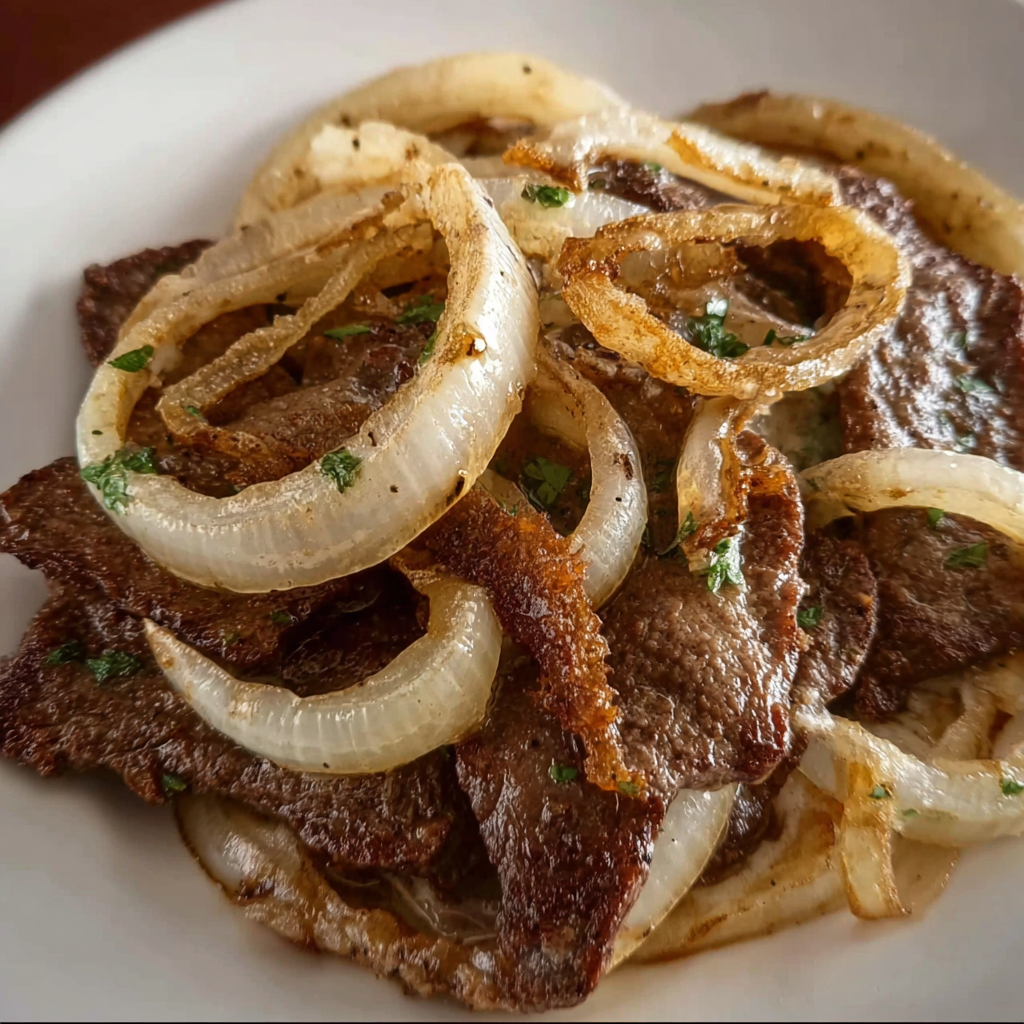 A plate of beef liver and onions, with onions on top.
