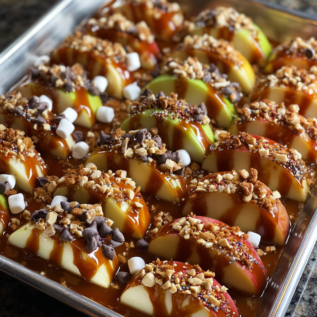 A pan of caramel apples with marshmallows and nuts on top.