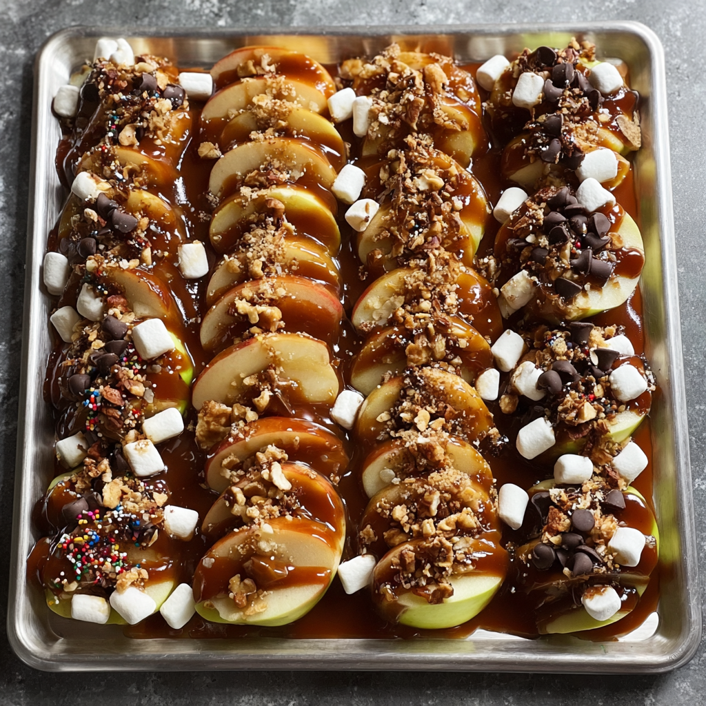 A tray of apples covered in marshmallows and caramel.