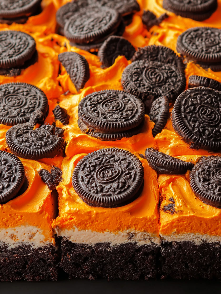 A slice of orange and chocolate cake with a chocolate cookie on top.