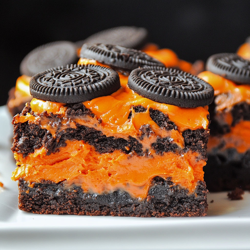 A slice of chocolate and orange cake with a chocolate chip on top.