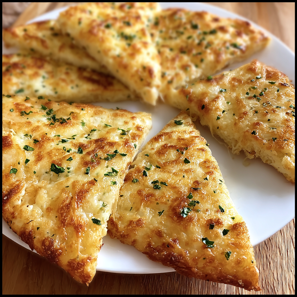 A white plate with four pieces of cheese and herb pizza.