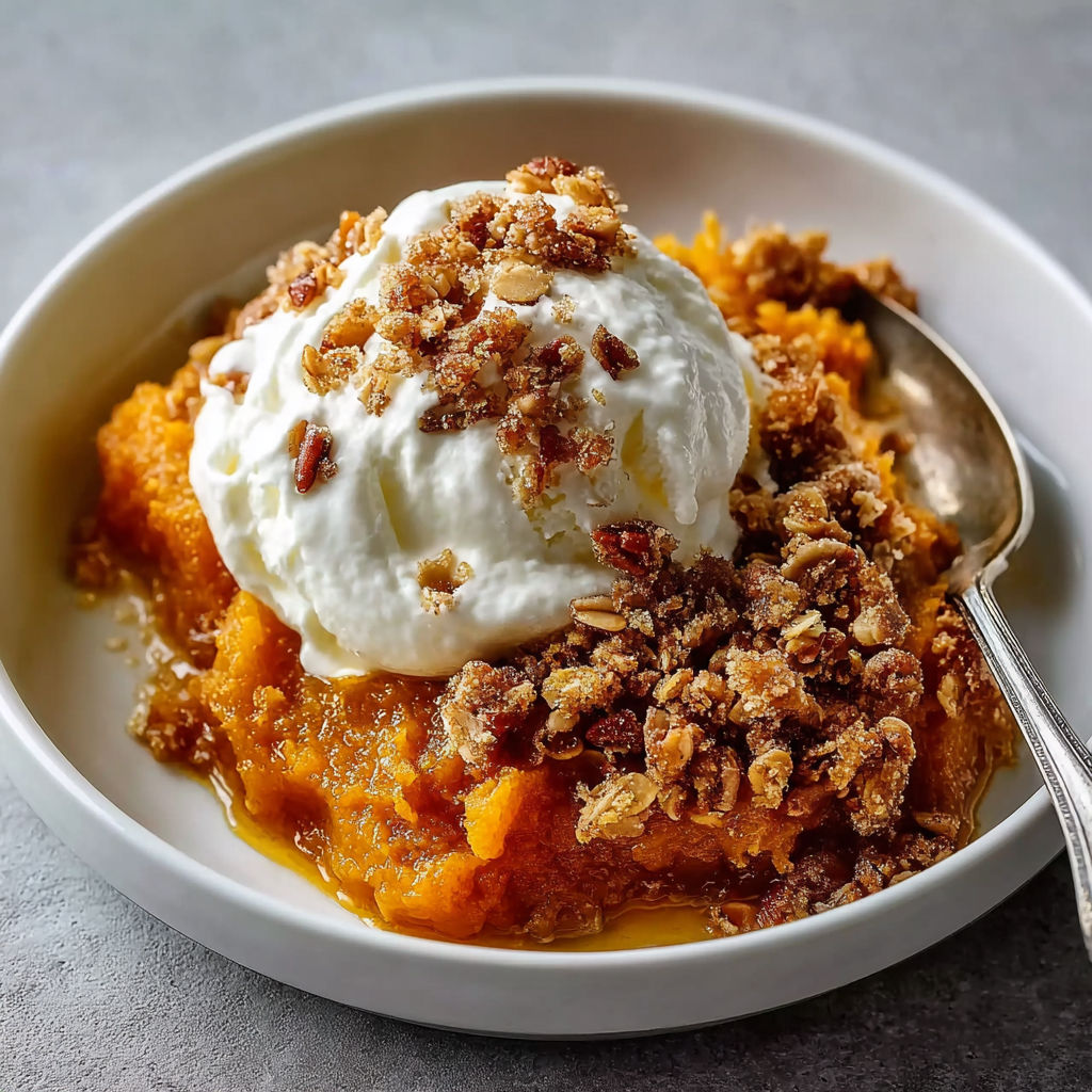 A bowl of caramelized sweet potatoes with a dollop of whipped cream on top.
