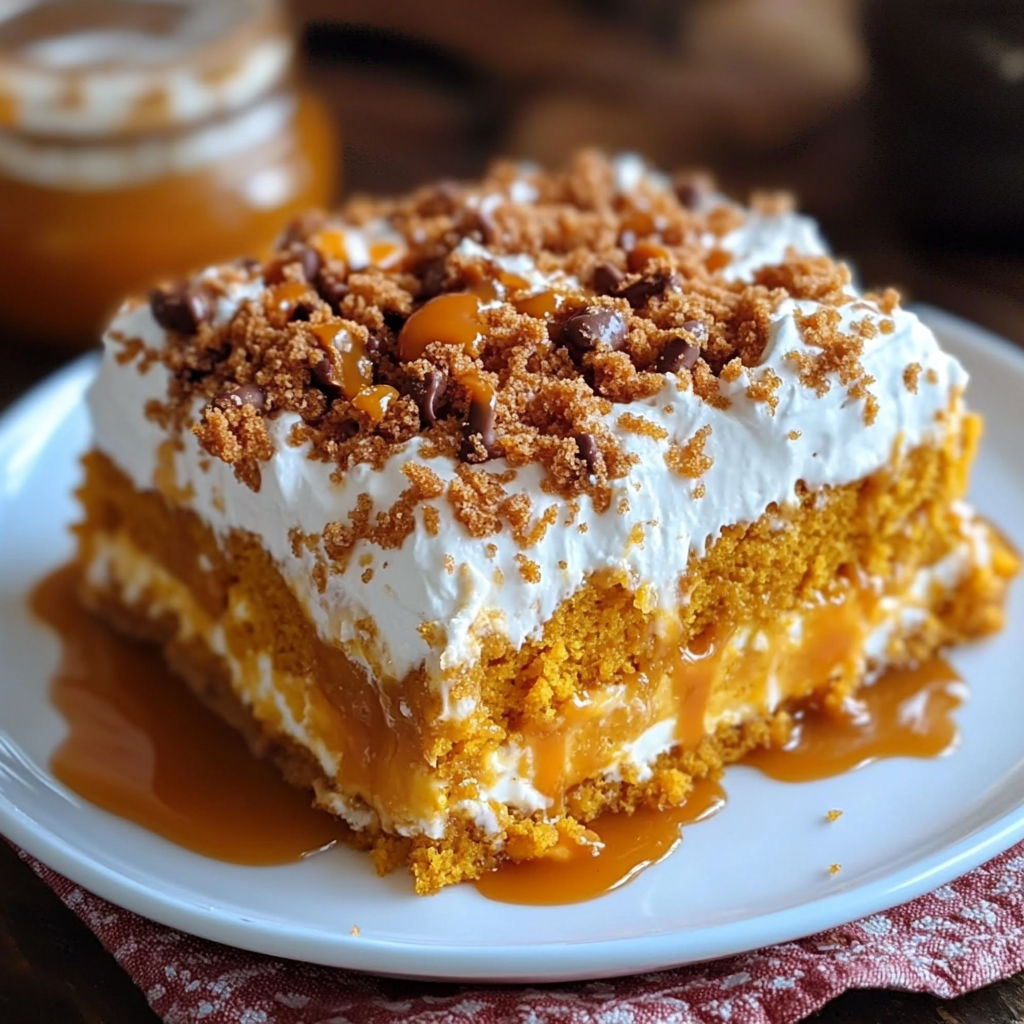 A slice of Pumpkin Better Than Sex Cake on a white plate.